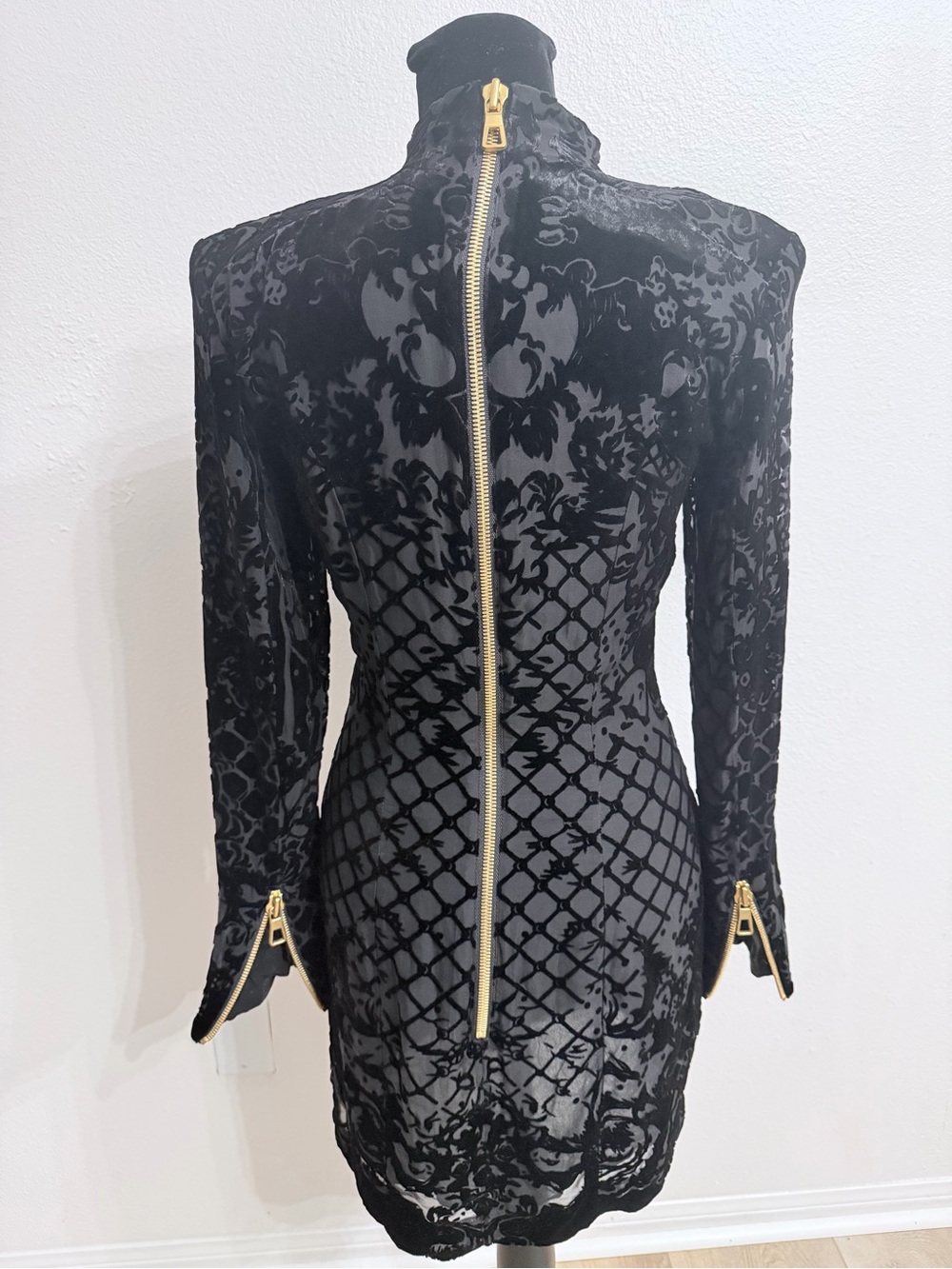 Balmain Black Velvet Long-Sleeve Dress with Gold Accents - Picture 4 of 5